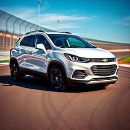 A white 2018 Chevrolet Trax in an aggressive time attack racing pose, showcasing its sporty design and sleek lines