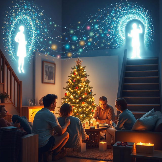 A heartwarming Christmas scene set in a cozy living room during a festive night