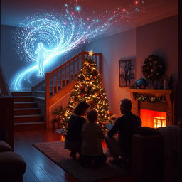 A heartwarming Christmas scene set in a cozy living room during a festive night