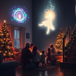 A heartwarming Christmas scene set in a cozy living room during a festive night