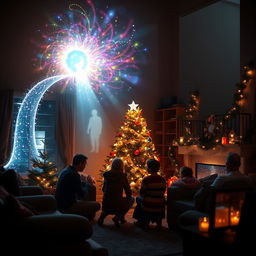 A heartwarming Christmas scene set in a cozy living room during a festive night