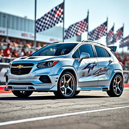 A sleek 2018 white Chevy Trax modified as a race car, featuring an aggressive body kit with bold aerodynamic enhancements