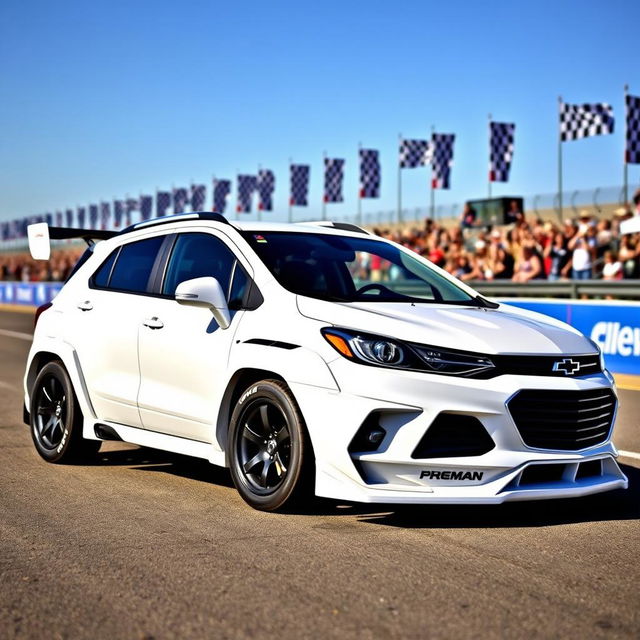 A sleek 2018 white Chevy Trax modified as a race car, featuring an aggressive body kit with bold aerodynamic enhancements