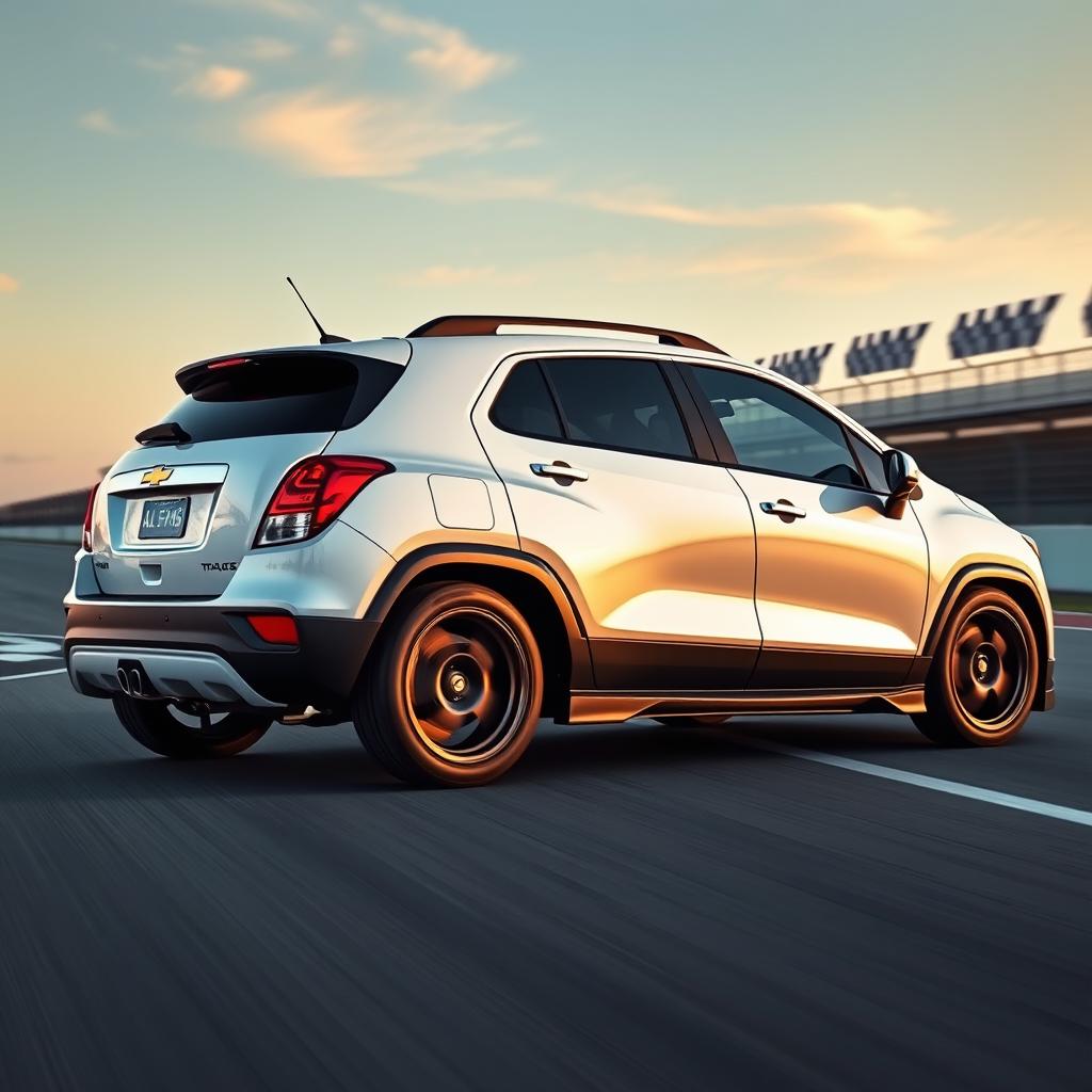 A white 2018 Chevy Trax transformed into a sleek race car, showcasing an aerodynamic bodykit with vibrant racing decals