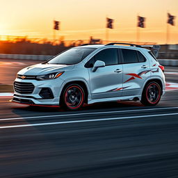 A white 2018 Chevy Trax transformed into a sleek race car, showcasing an aerodynamic bodykit with vibrant racing decals