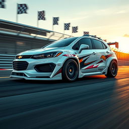 A white 2018 Chevy Trax transformed into a sleek race car, showcasing an aerodynamic bodykit with vibrant racing decals