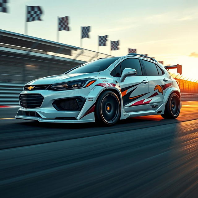 A white 2018 Chevy Trax transformed into a sleek race car, showcasing an aerodynamic bodykit with vibrant racing decals