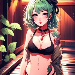 Beautiful, fuller-figured anime grunge girl with face tattoos and lollipop, adorned in leaves, standing in a steam-filled sauna.