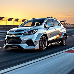 A white 2018 Chevy Trax transformed into a sleek race car, showcasing an aerodynamic bodykit with vibrant racing decals