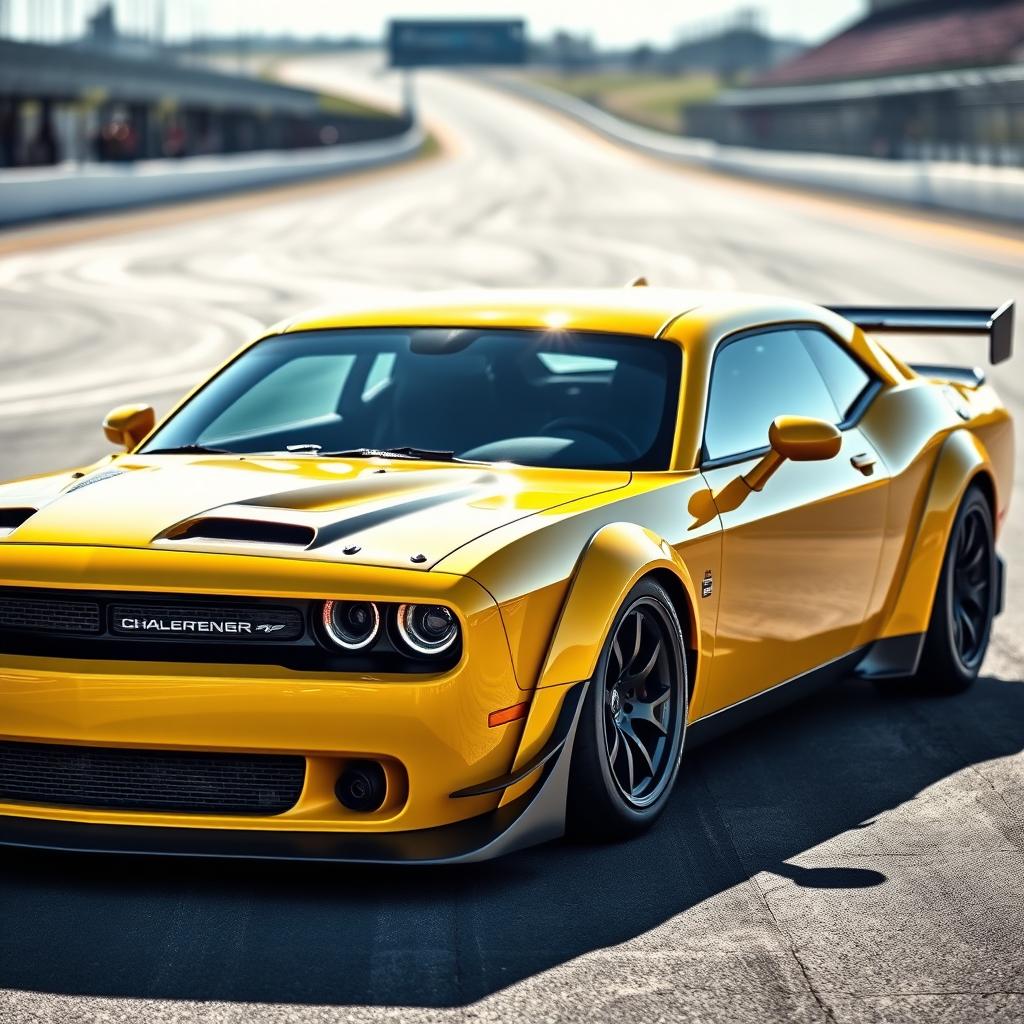 A striking yellow Dodge Challenger race car designed for time attack competitions, gleaming under bright sunlight