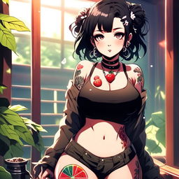 Beautiful, fuller-figured anime grunge girl with face tattoos and lollipop, adorned in leaves, standing in a steam-filled sauna.