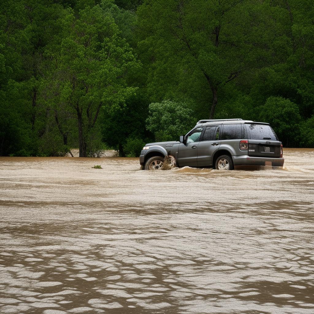 An SUV caught in the tumultuous currents of a flooded river, painting a dramatic picture of nature's wrath.