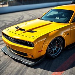 A striking yellow Dodge Challenger race car designed for time attack competitions, gleaming under bright sunlight