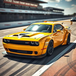 A striking yellow Dodge Challenger race car designed for time attack competitions, gleaming under bright sunlight
