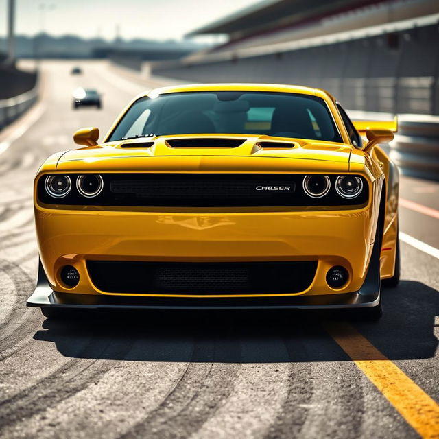 A striking yellow Dodge Challenger race car designed for time attack competitions, gleaming under bright sunlight