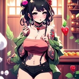 Beautiful, fuller-figured anime grunge girl with face tattoos and lollipop, adorned in leaves, standing in a steam-filled sauna.