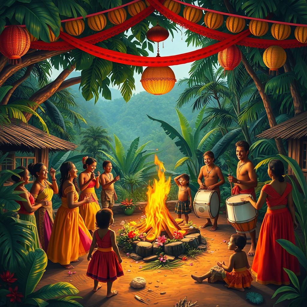 In a vibrant village nestled at the edge of a lush jungle, villagers gather joyfully to celebrate the birth of a baby boy