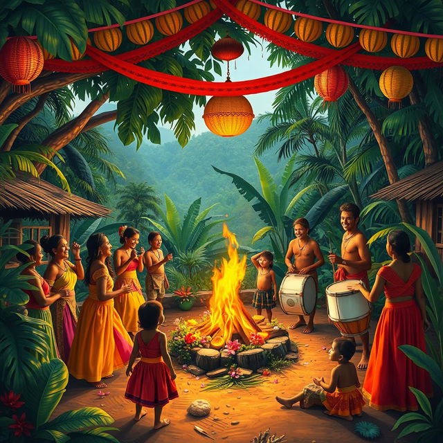In a vibrant village nestled at the edge of a lush jungle, villagers gather joyfully to celebrate the birth of a baby boy