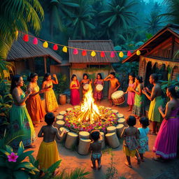 In a vibrant village nestled at the edge of a lush jungle, villagers gather joyfully to celebrate the birth of a baby boy