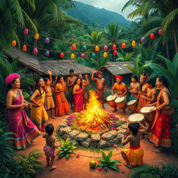 In a vibrant village nestled at the edge of a lush jungle, villagers gather joyfully to celebrate the birth of a baby boy