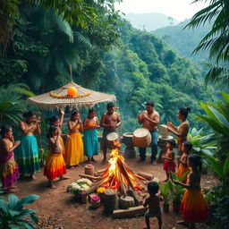 In a vibrant village nestled at the edge of a lush jungle, villagers gather joyfully to celebrate the birth of a baby boy