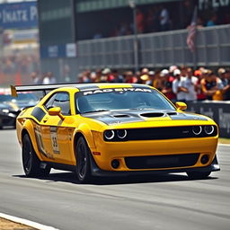 A vivid yellow Dodge Challenger time attack race car, emphasizing its sleek and aggressive design