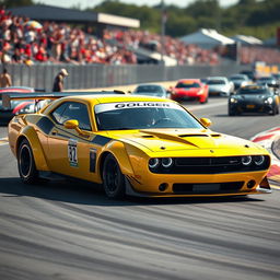 A vivid yellow Dodge Challenger time attack race car, emphasizing its sleek and aggressive design