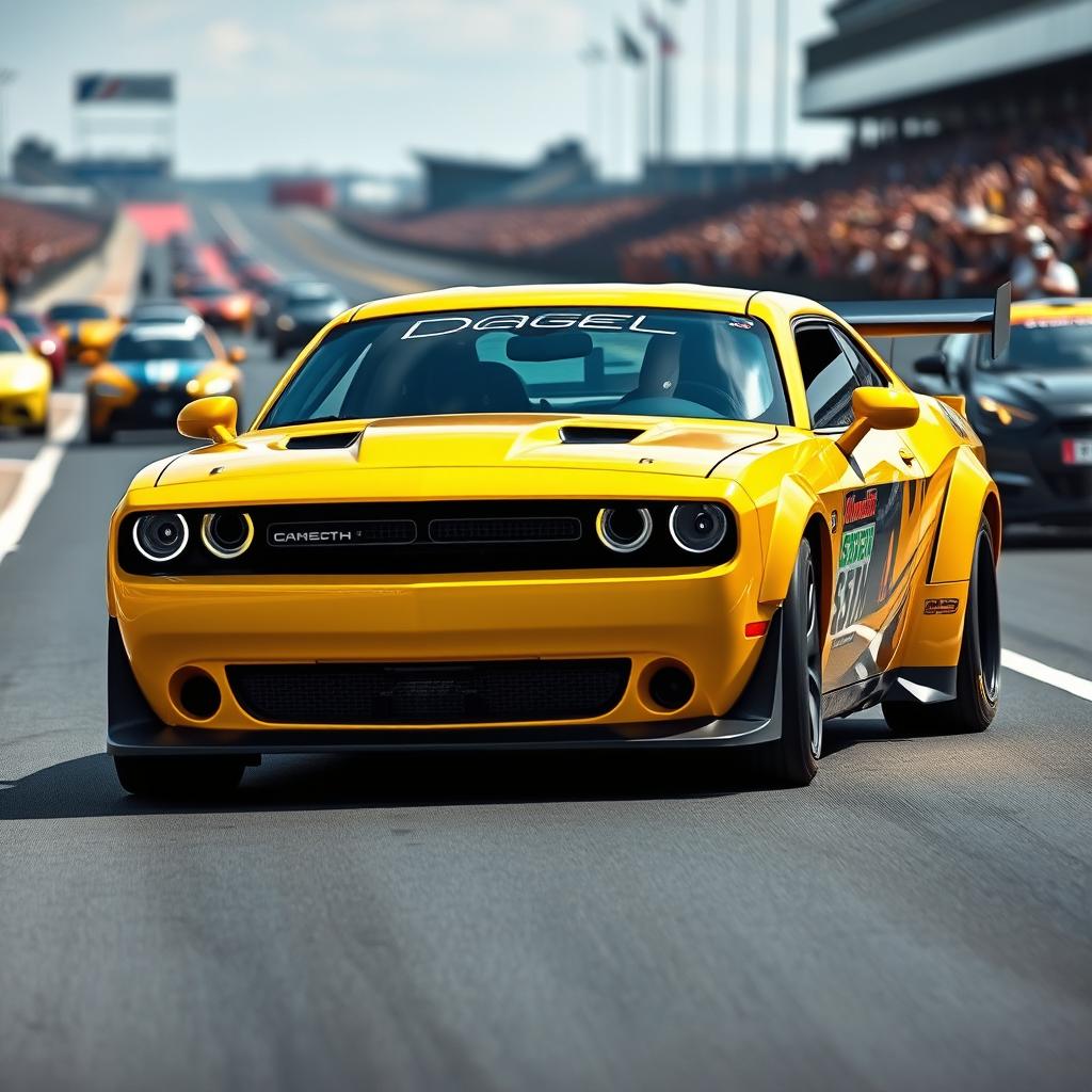 A vivid yellow Dodge Challenger time attack race car, emphasizing its sleek and aggressive design