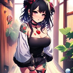 Beautiful, fuller-figured anime grunge girl with face tattoos and lollipop, adorned in leaves, standing in a steam-filled sauna.