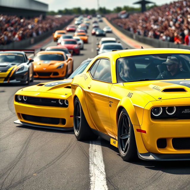 A vivid yellow Dodge Challenger time attack race car, emphasizing its sleek and aggressive design