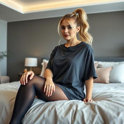 An iPhone photo of a stylish 40-year-old curvy woman with blonde hair tied in a ponytail