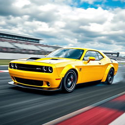 A vibrant yellow Dodge Challenger modified for time attack racing, featuring sleek aerodynamic enhancements, aggressive front splitter, large rear wing, racing decals, and sport tires