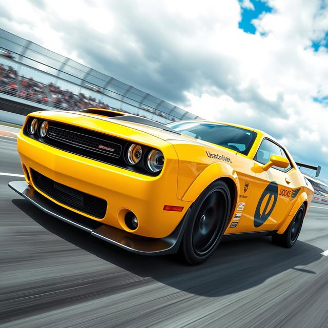 A vibrant yellow Dodge Challenger modified for time attack racing, featuring sleek aerodynamic enhancements, aggressive front splitter, large rear wing, racing decals, and sport tires