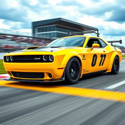 A vibrant yellow Dodge Challenger modified for time attack racing, featuring sleek aerodynamic enhancements, aggressive front splitter, large rear wing, racing decals, and sport tires