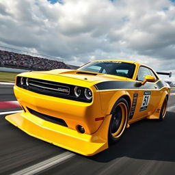 A vibrant yellow Dodge Challenger modified for time attack racing, featuring sleek aerodynamic enhancements, aggressive front splitter, large rear wing, racing decals, and sport tires