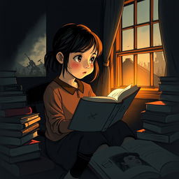 An evocative illustration inspired by the themes of 'The Book Thief', showcasing a young girl immersed in the world of literature during World War II