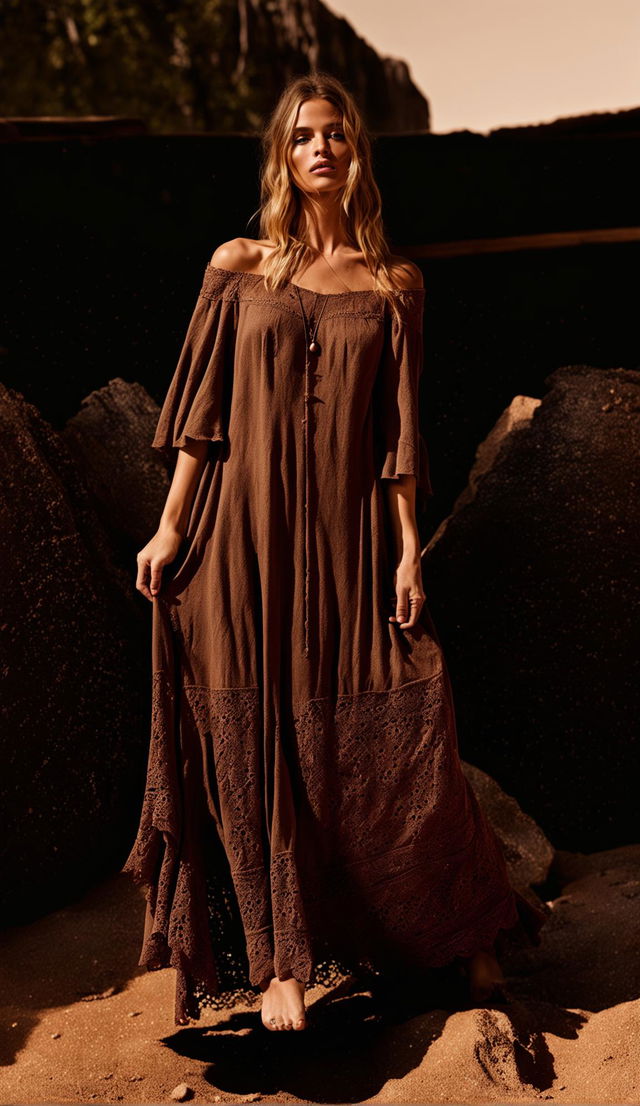 A model in an off-the-shoulder dress with lace details, in dark brown neutral tones, strikes an editorial magazine pose, barefoot.