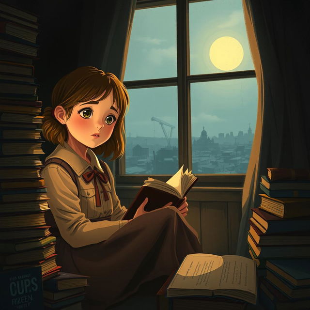 An evocative illustration inspired by the themes of 'The Book Thief', showcasing a young girl immersed in the world of literature during World War II