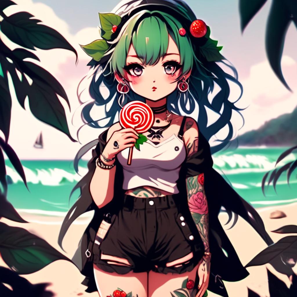 Beautiful, fuller-figured anime grunge girl with face tattoos and lollipop, adorned in leaves, standing on a beach.