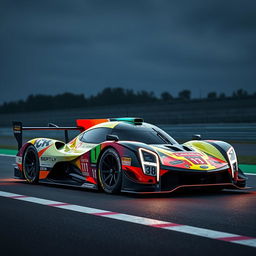 Design a hypercar specifically engineered to endure the grueling 24 Hours of Le Mans race, featuring an aerodynamic body with a sleek and futuristic design, integrated with advanced technology for hybrid performance