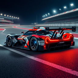 Design a hypercar specifically engineered to endure the grueling 24 Hours of Le Mans race, featuring an aerodynamic body with a sleek and futuristic design, integrated with advanced technology for hybrid performance