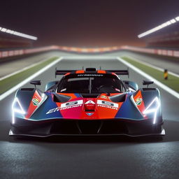 Design a hypercar specifically engineered to endure the grueling 24 Hours of Le Mans race, featuring an aerodynamic body with a sleek and futuristic design, integrated with advanced technology for hybrid performance