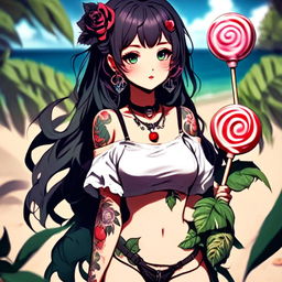 Beautiful, fuller-figured anime grunge girl with face tattoos and lollipop, adorned in leaves, standing on a beach.