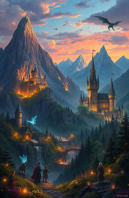 A vibrant fantasy artwork that depicts the rich history and mythical lore of Bw, a fictional land filled with ancient castles, lush forests, and mystical creatures