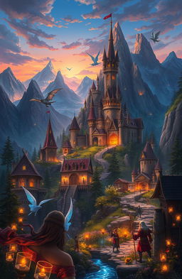 A vibrant fantasy artwork that depicts the rich history and mythical lore of Bw, a fictional land filled with ancient castles, lush forests, and mystical creatures