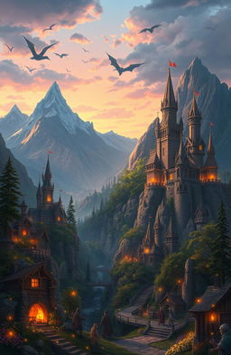 A vibrant fantasy artwork that depicts the rich history and mythical lore of Bw, a fictional land filled with ancient castles, lush forests, and mystical creatures