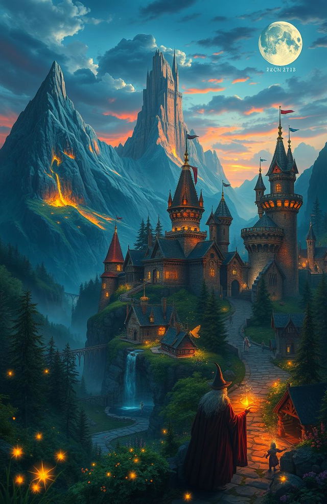 A vibrant fantasy artwork that depicts the rich history and mythical lore of Bw, a fictional land filled with ancient castles, lush forests, and mystical creatures