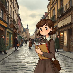 A nostalgic illustration set in a European city during the 1940s, capturing the essence of 'The Book Thief'
