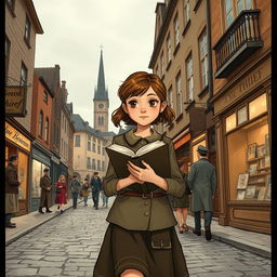 A nostalgic illustration set in a European city during the 1940s, capturing the essence of 'The Book Thief'