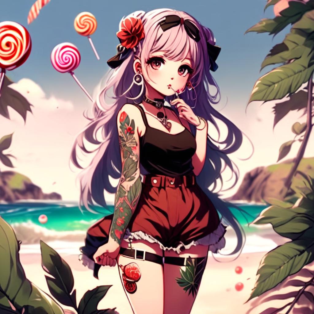 Beautiful, fuller-figured anime grunge girl with face tattoos and lollipop, adorned in leaves, standing on a beach.